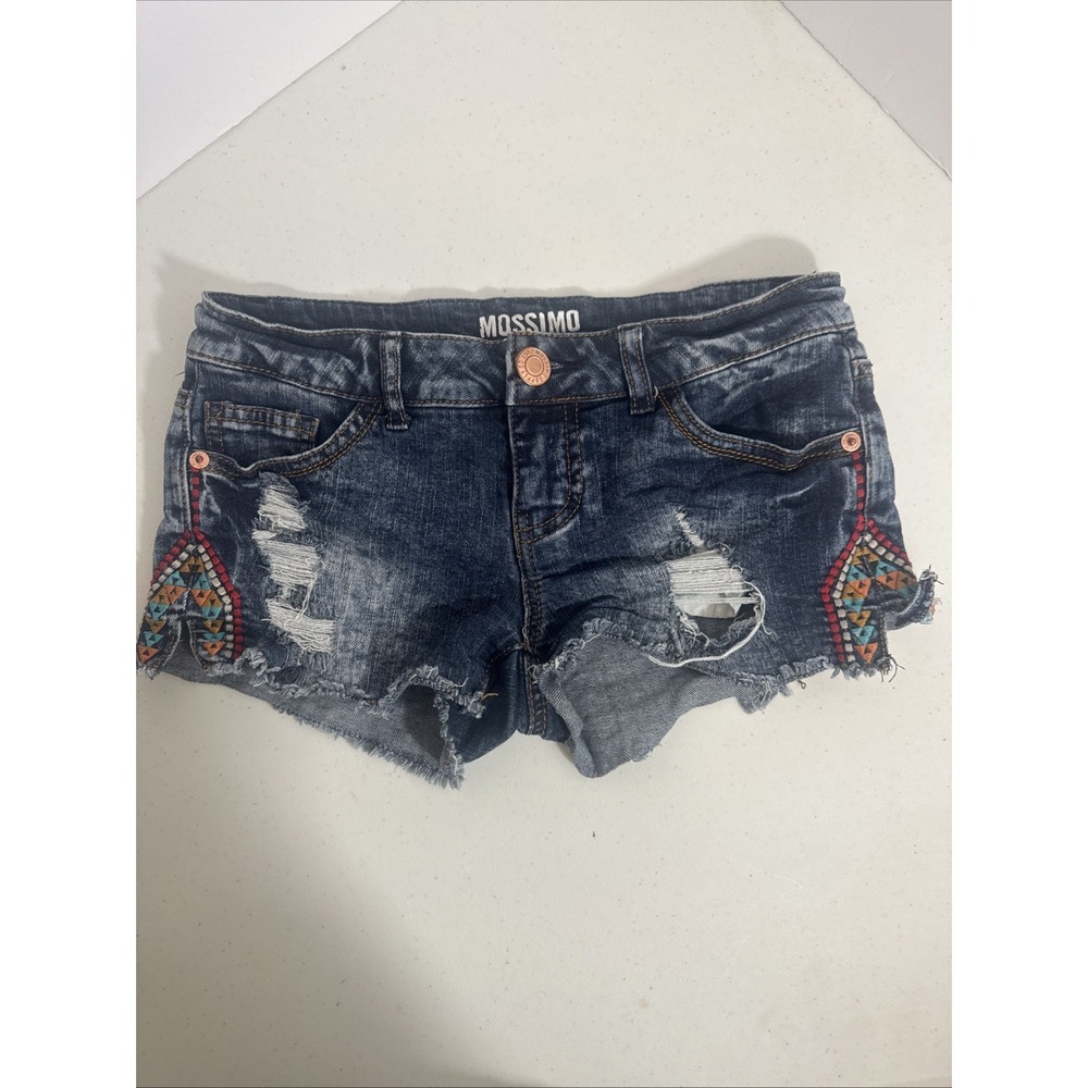 MOSSIMO Booty Shorts Micro Denim Jean Distressed Embroidered Juniors Size 1